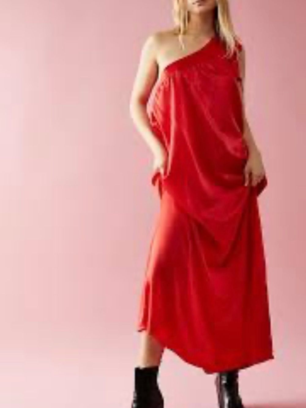 HTF Free People Soa One-Shoulder Red Satin Maxi Dress, NEW WITH TAGS Sz Large